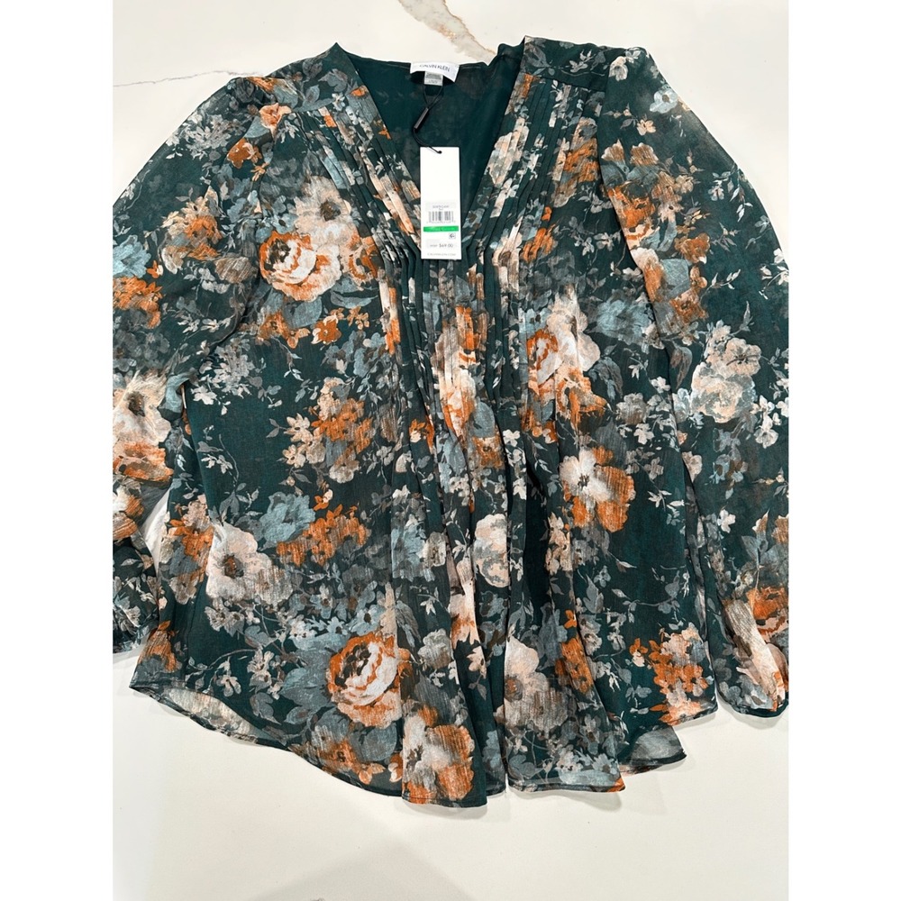 Calvin Klein Dark Green Floral Pleated V-Neck Chiffon Blouse NWT L S08TH24W